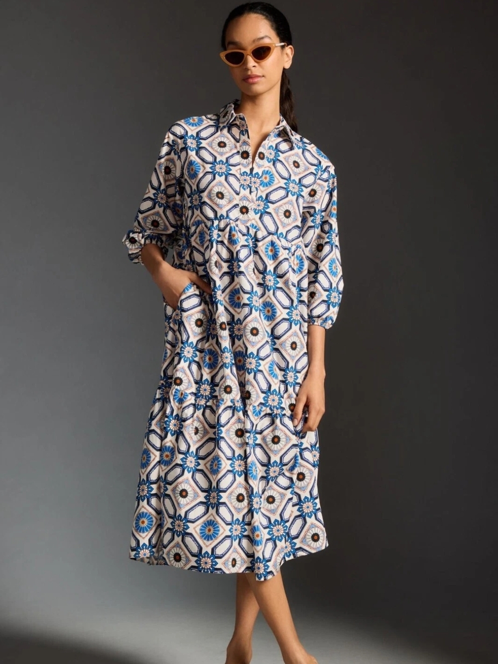 Share MAEVE Anthropologie The Bettina Tiered Shirt Dress Buttondown Sapphire Med
